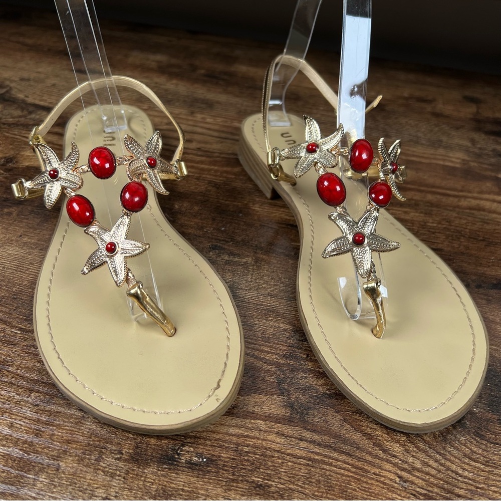 Unisa Sandals‎ Starfish Beaded Gold/Red Sling Back Thong Toe Women's 8.5